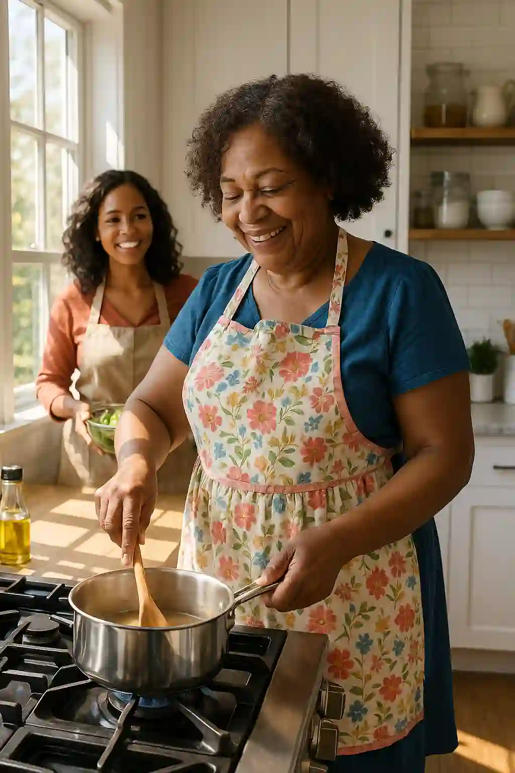 A joyful older Black woman with curly hair, wearing a floral apron, stirs a pot on a gas stove. In the background, a younger Black woman with curly hair, also smiling, holds a bowl of green vegetables by a bright kitchen window.