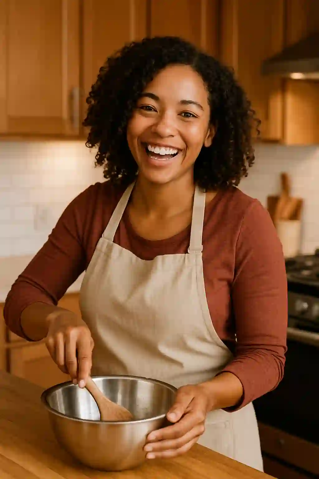 Joyful baker stirring ingredients in a stainless steel bowl, wearing a beige apron in a stylish kitchen.