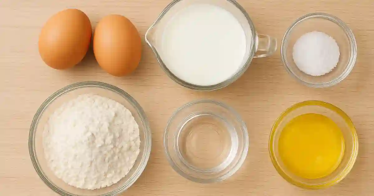 Top-down view of baking ingredients arranged neatly on a light wooden surface. Two brown eggs, a glass measuring cup filled with milk, a small bowl of salt, a bowl of flour, a bowl of water, and a bowl of melted butter are placed in an organized layout.