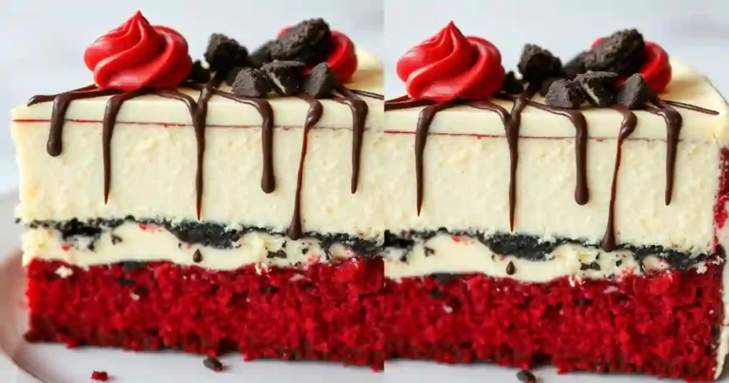 A close-up of a layered red velvet cake featuring cream cheese frosting, chocolate drizzle, and cookie toppings.