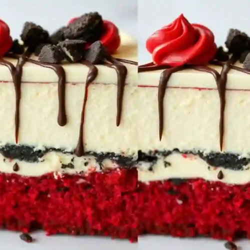 A close-up of a layered red velvet cake featuring cream cheese frosting, chocolate drizzle, and cookie toppings.