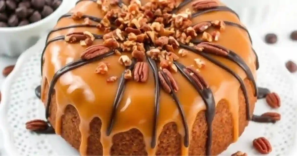 Turtle cheesecake with caramel drizzle, chocolate ganache, and pecans on top.