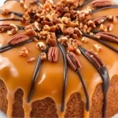 Turtle cheesecake with caramel drizzle, chocolate ganache, and pecans on top.