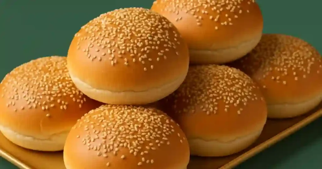 Six golden sesame seed buns stacked on a golden plate.