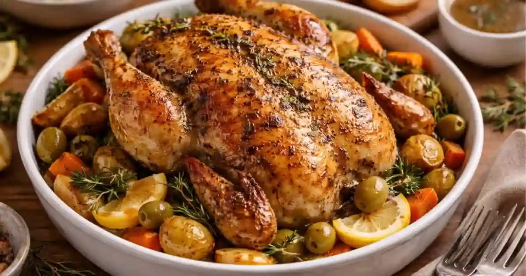 A beautifully roasted whole chicken garnished with herbs, sitting on a bed of roasted vegetables and olives in a large white serving bowl.
