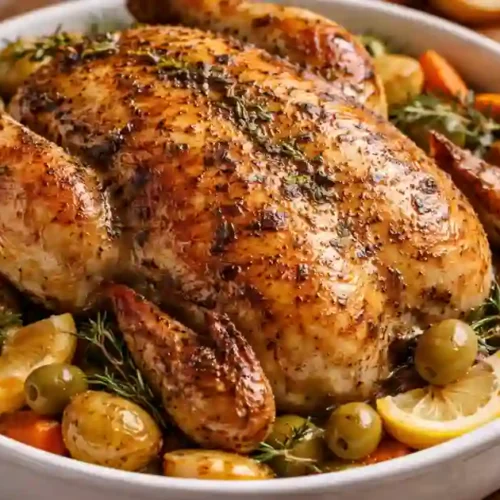 A beautifully roasted whole chicken garnished with herbs, sitting on a bed of roasted vegetables and olives in a large white serving bowl.