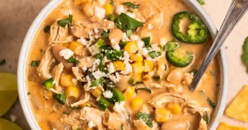 A warm bowl of creamy white chicken chili garnished with fresh cilantro and lime wedges.