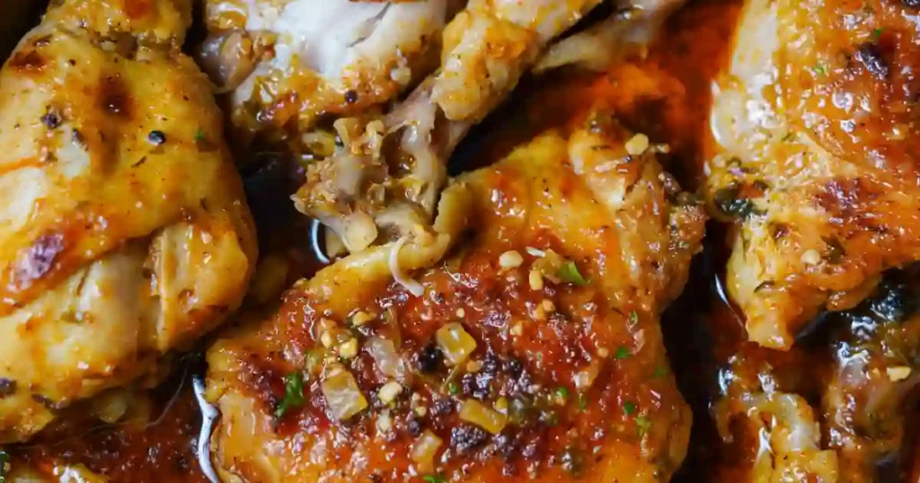 Close-up of baked lemon butter chicken thighs, golden and garnished with minced garlic and herbs, showcasing a rich, savory sauce.