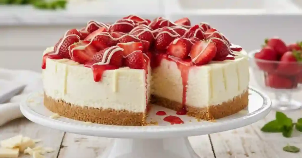 A slice of strawberry and white chocolate cheesecake displayed on a cake stand, topped with fresh strawberries and drizzle of white chocolate.