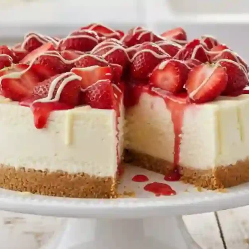 A slice of strawberry and white chocolate cheesecake displayed on a cake stand, topped with fresh strawberries and drizzle of white chocolate.