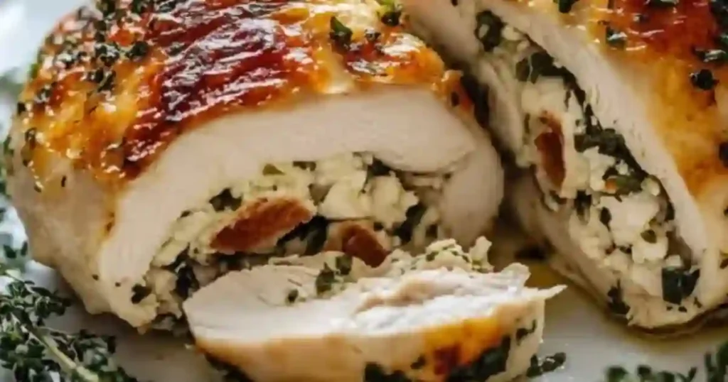 A close-up of a sliced stuffed chicken breast showing a filling of herbs and cheese.