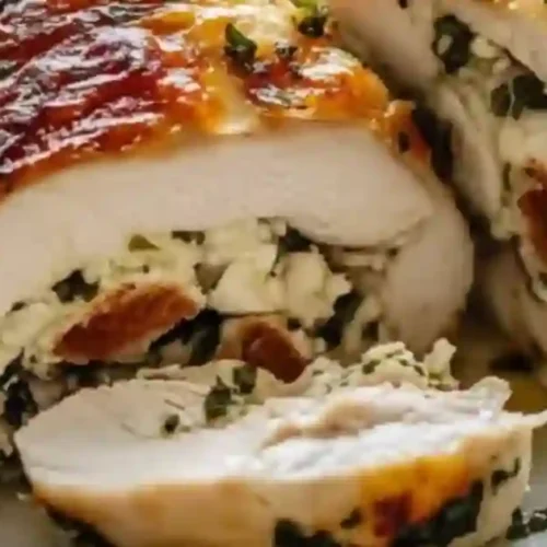 A close-up of a sliced stuffed chicken breast showing a filling of herbs and cheese.