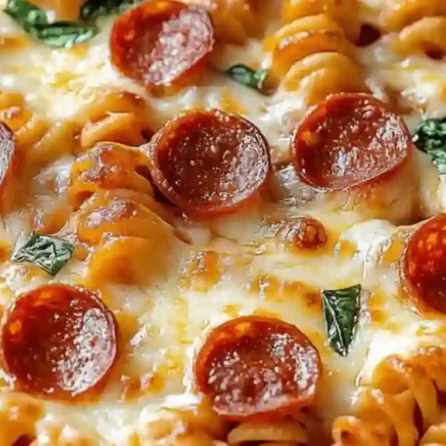 Close-up of a cheesy pasta bake topped with pepperoni slices and fresh basil.