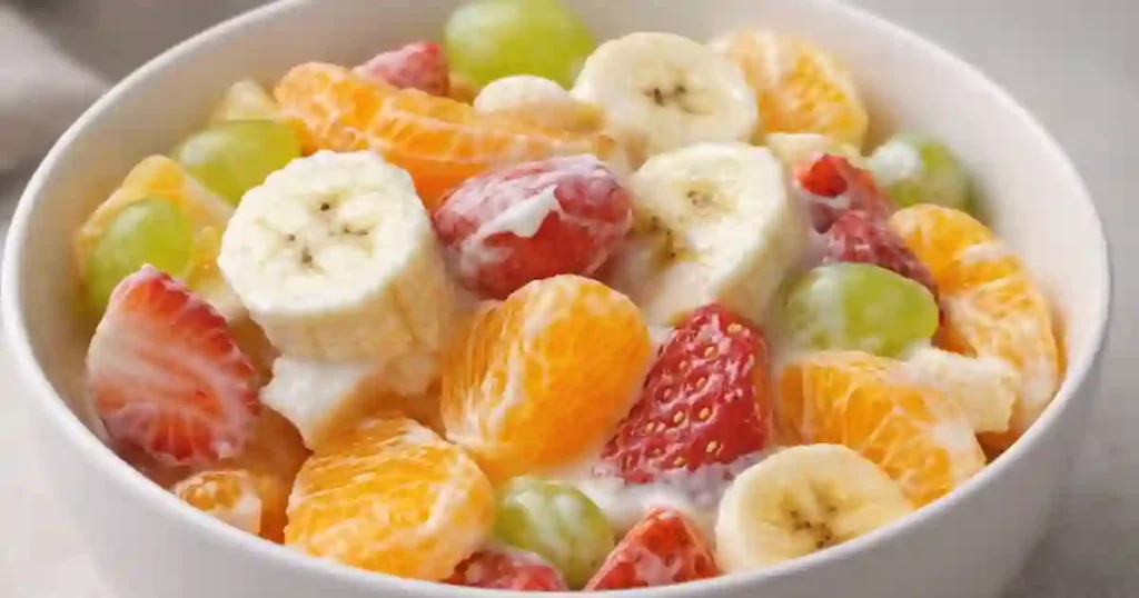 A bowl of creamy fresh fruit salad featuring banana, strawberries, green grapes, and tangerines, drizzled with yogurt dressing.