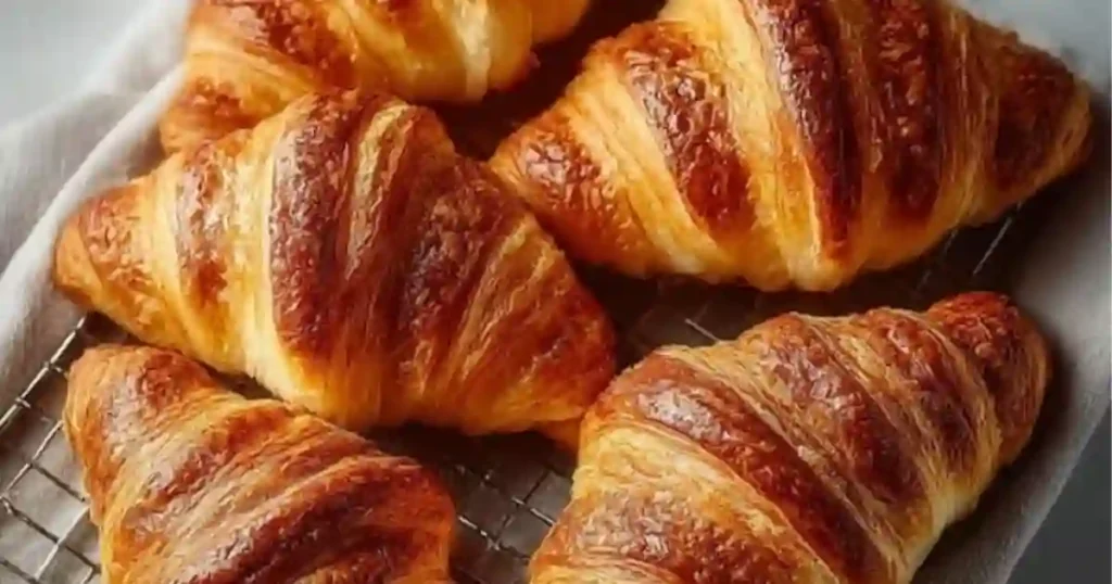 Freshly baked golden croissants arranged on a cooling rack, showcasing their flaky layers.