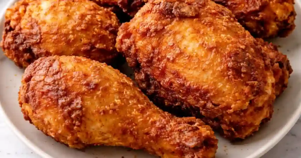 Golden-brown crispy fried chicken pieces served on a platter.