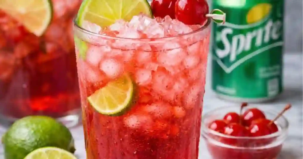 A close-up of a glass of cherry limeade with crushed ice, garnished with lime slices and maraschino cherries, with a Sprite can in the background.