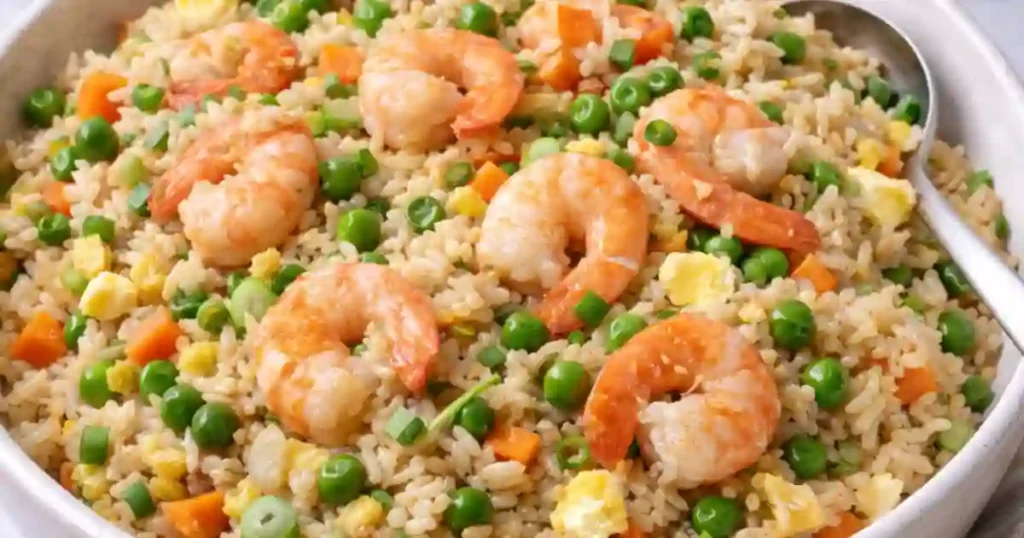 "A close-up of shrimp fried rice, featuring succulent shrimp, peas, carrots, and scrambled eggs in a large serving bowl.