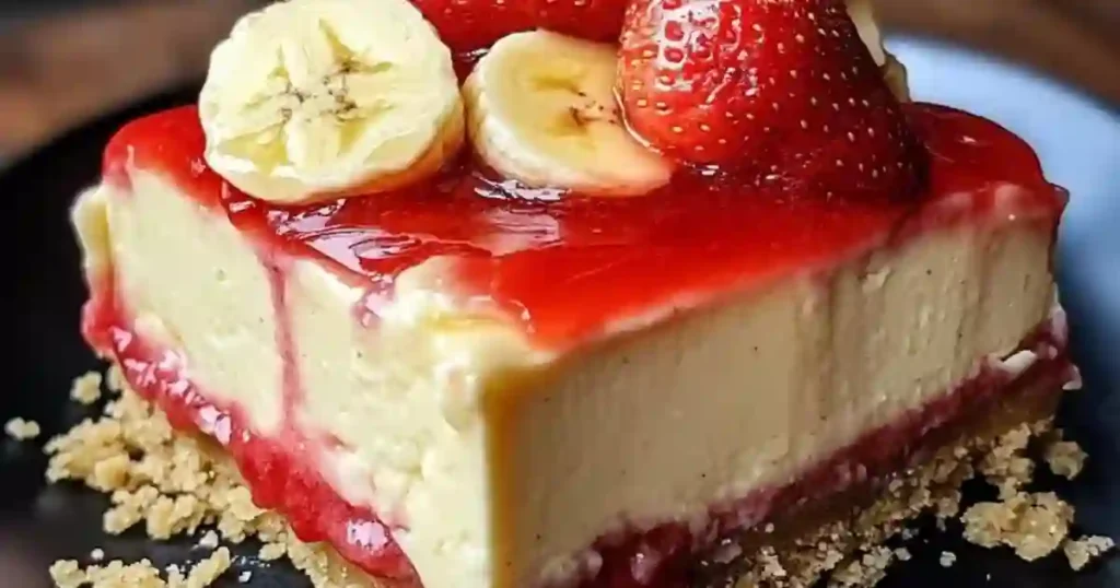 A close-up, macro shot of a thick square slice of cheesecake served on a dark plate. The dessert features a golden graham cracker crust at the bottom, a vibrant red strawberry jam layer, a thick and creamy pale-yellow cheesecake filling, and a glossy red strawberry glaze on top. It is garnished with fresh, round banana slices and a whole ripe strawberry.