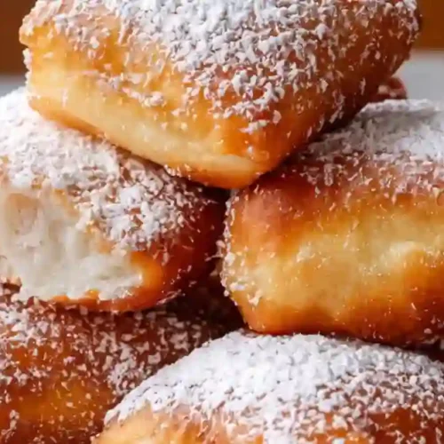 A stack of golden-brown French beignets dusted with powdered sugar, with one beignet partially broken to show its fluffy interior.