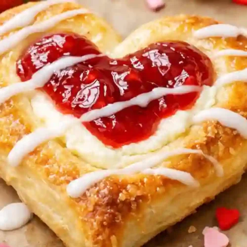 Delicious heart-shaped cream cheese danishes topped with strawberry jam and drizzled with icing, perfect for Valentine's Day.