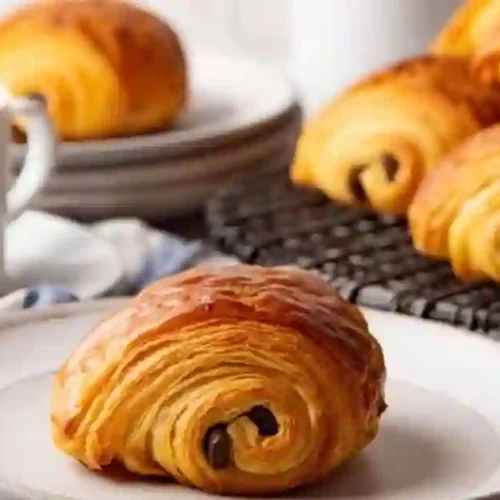 Homemade chocolate croissants with golden flaky layers and melted chocolate centers served with coffee