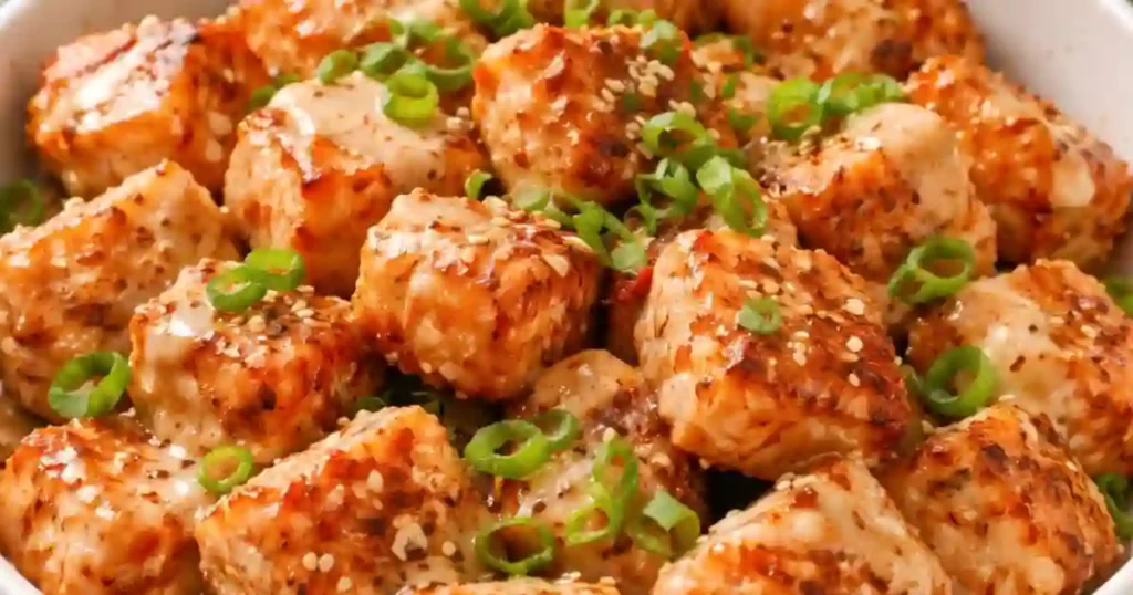 Delicious crispy salmon bites topped with green onions and sesame seeds in a white bowl.