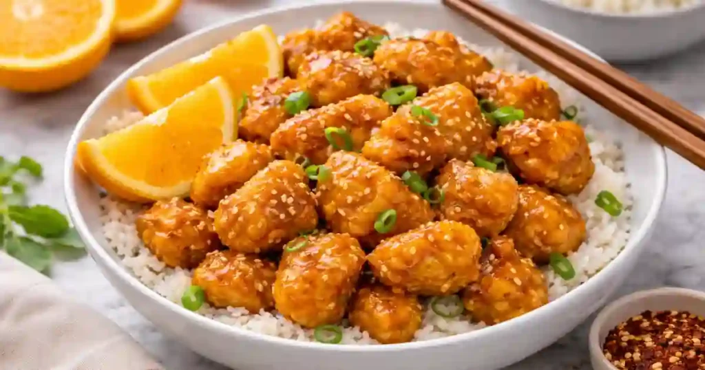 A bowl of orange chicken garnished with sesame seeds and green onions, served over rice with orange slices on the side.