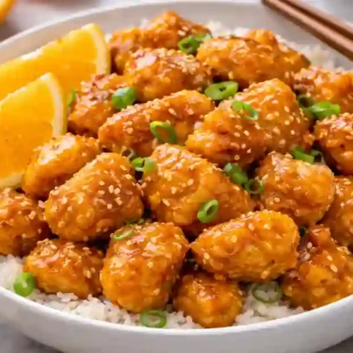 A bowl of orange chicken garnished with sesame seeds and green onions, served over rice with orange slices on the side.