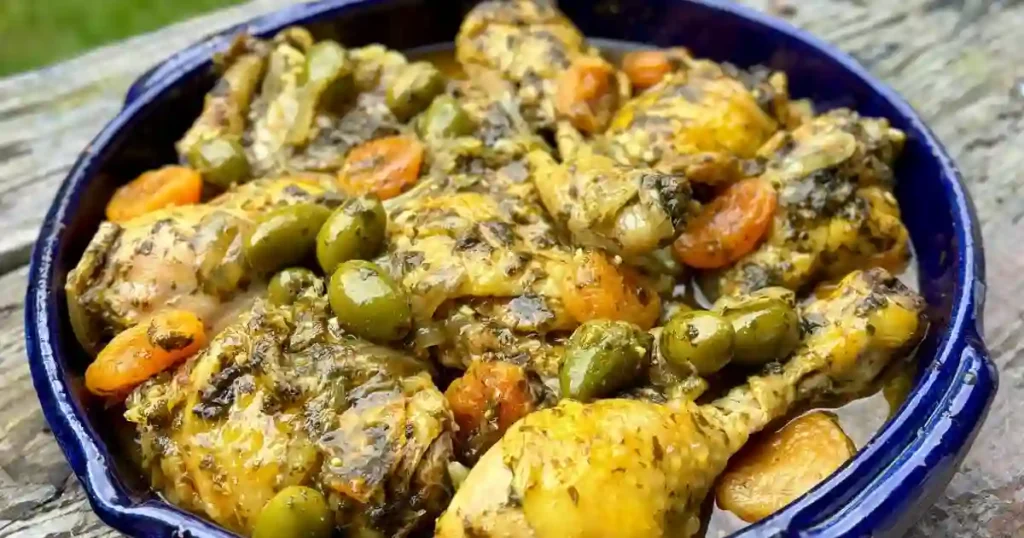 A vibrant dish of Moroccan Chicken Tagine featuring chicken pieces, olives, and carrots in a flavorful sauce.
