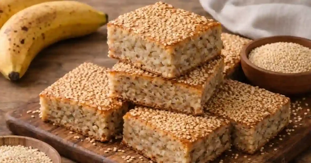 A stack of healthy sesame cake squares made without flour or sugar, garnished with sesame seeds, alongside bananas and a bowl of sesame seeds.