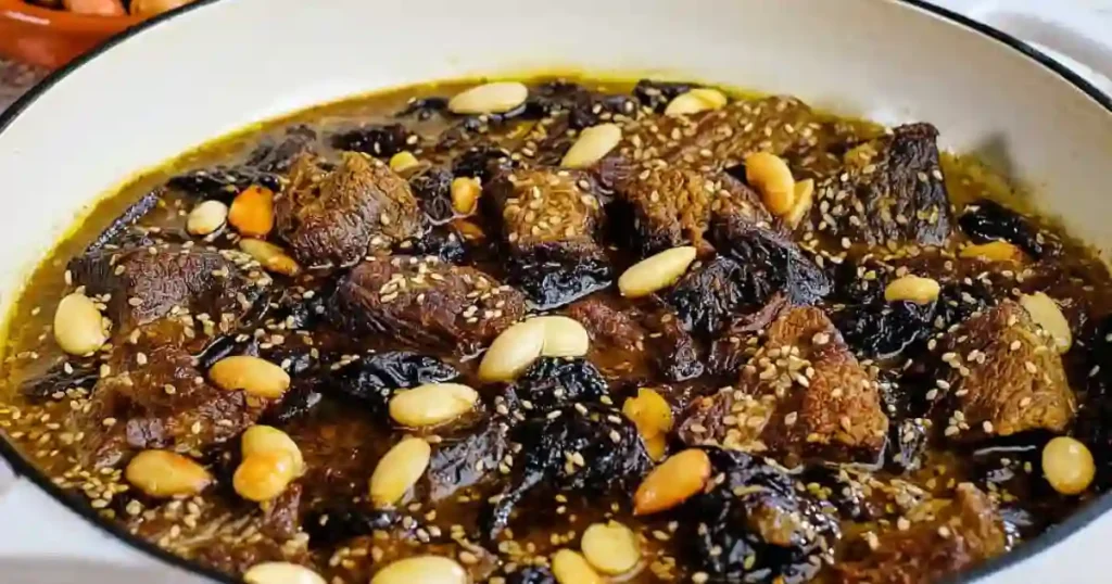 A traditional Moroccan beef tagine featuring tender beef pieces, prunes, and topped with sesame seeds and almonds, all simmering in rich spices.