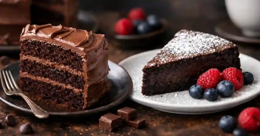 Two types of chocolate cake: a layered classic chocolate cake with chocolate frosting and a slice of flourless chocolate cake, garnished with fresh raspberries and blueberries.