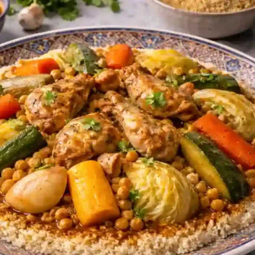 A colorful platter of Moroccan Chicken Couscous featuring tender chicken, vibrant vegetables, and fluffy couscous, garnished with fresh herbs.