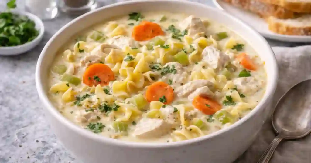A warm bowl of Amish Snow Day Soup featuring tender chicken, egg noodles, carrots, and celery in a creamy broth, garnished with fresh parsley.