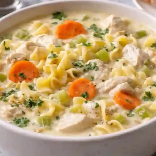 A warm bowl of Amish Snow Day Soup featuring tender chicken, egg noodles, carrots, and celery in a creamy broth, garnished with fresh parsley.