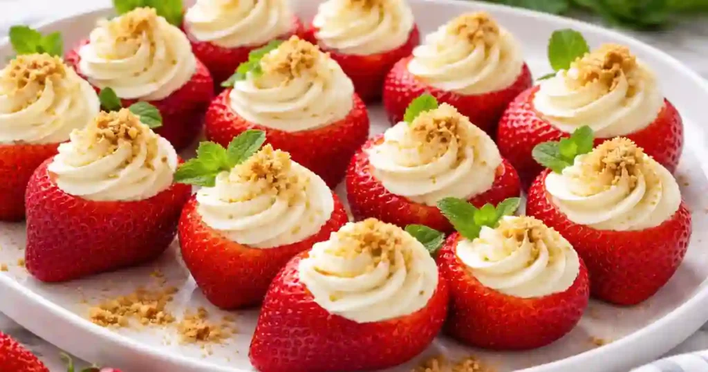 Delicious cheesecake filling piped into fresh strawberries, topped with crumbled graham crackers and mint leaves.