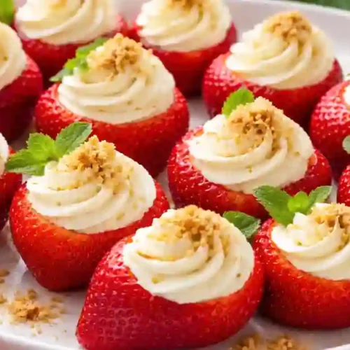 Delicious cheesecake filling piped into fresh strawberries, topped with crumbled graham crackers and mint leaves.