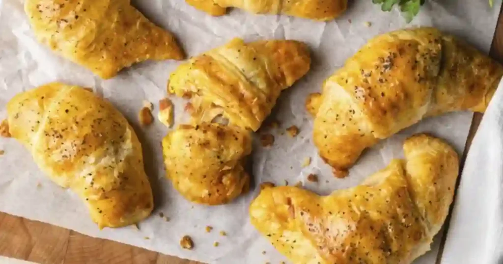 Golden, flaky crescent rolls filled with savory sausage, scrambled eggs, and melted cheese, fresh from the oven and lightly sprinkled with herbs.