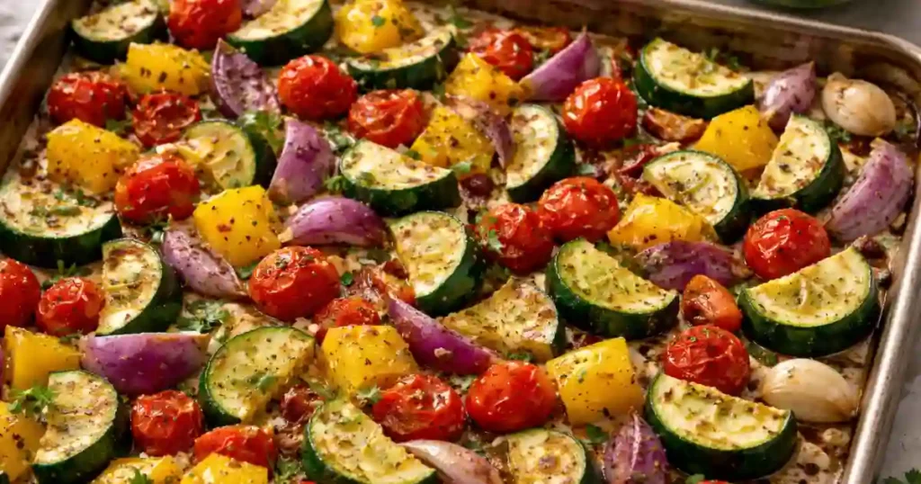 A colorful array of roasted zucchini, red onion, yellow bell peppers, cherry tomatoes, and herbs arranged on a baking sheet.