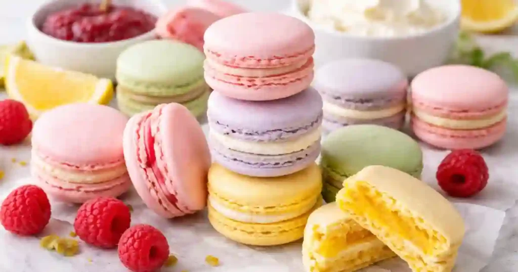 Assorted pastel macarons (pink, lavender, yellow, green) stacked and scattered on a marble surface with fresh raspberries and lemon wedges, one macaron broken open to show a creamy yellow filling.