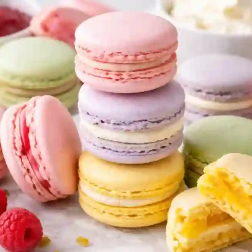 Assorted pastel macarons (pink, lavender, yellow, green) stacked and scattered on a marble surface with fresh raspberries and lemon wedges, one macaron broken open to show a creamy yellow filling.