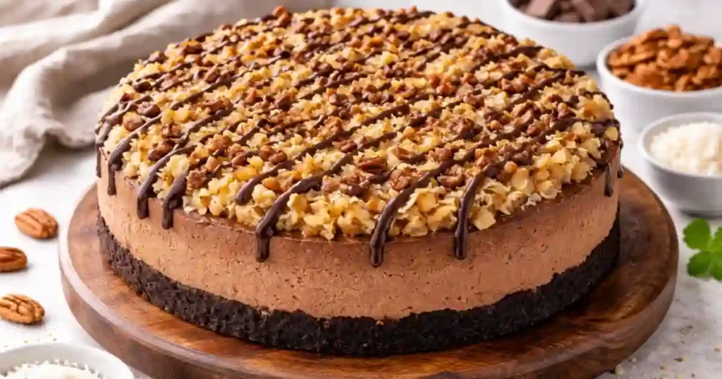 German chocolate cheesecake with chocolate crust, chocolate filling, toasted coconut and pecans, drizzled with chocolate
