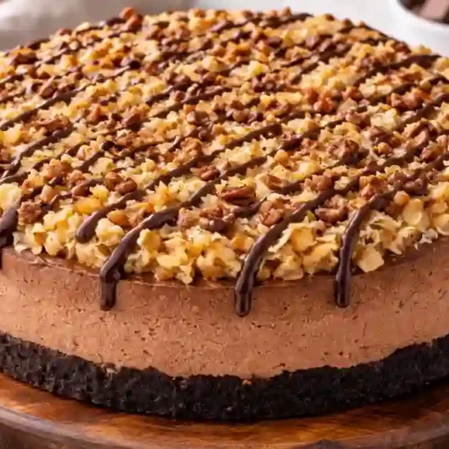German chocolate cheesecake with chocolate crust, chocolate filling, toasted coconut and pecans, drizzled with chocolate