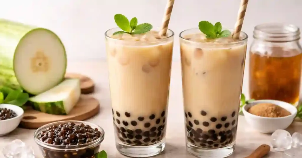 Two tall glasses of iced wintermelon milk tea with black tapioca pearls settled at the bottom, garnished with mint leaves and striped paper straws; sliced wintermelon, brown sugar, brewed tea, and a bowl of cooked boba sit on the counter in the background.