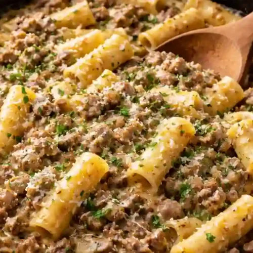 A creamy pasta dish featuring rigatoni noodles mixed with seasoned ground beef and a rich garlic butter sauce, garnished with fresh parsley.