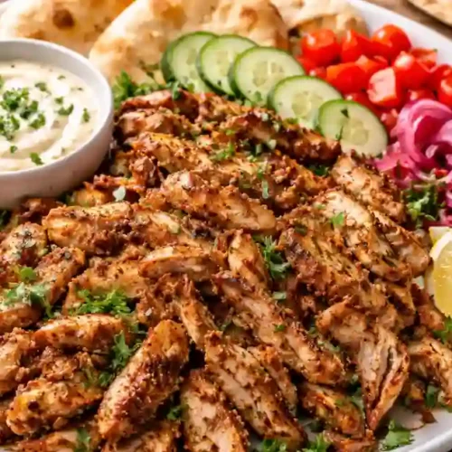 A plate of Chicken Shawarma served with vegetables and a side of garlic sauce, garnished with fresh parsley, showcasing tender spiced chicken wrapped in pita bread.