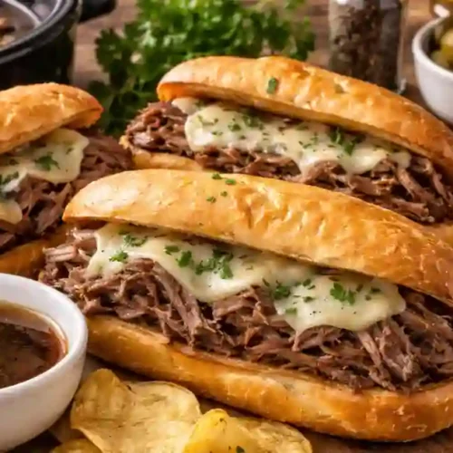 A platter featuring three Crockpot French Dip Sandwiches filled with tender shredded beef and melted cheese, served with a side of potato chips and a small bowl of dipping sauce.