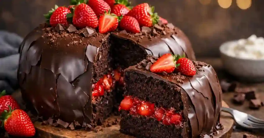 A decadent chocolate cake with a glossy shell, filled with fresh strawberries and topped with more strawberries, displaying a slice cut out to reveal its interior.