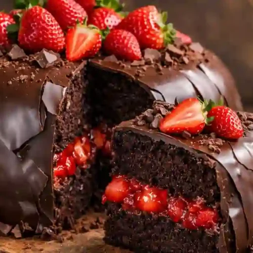 A decadent chocolate cake with a glossy shell, filled with fresh strawberries and topped with more strawberries, displaying a slice cut out to reveal its interior.